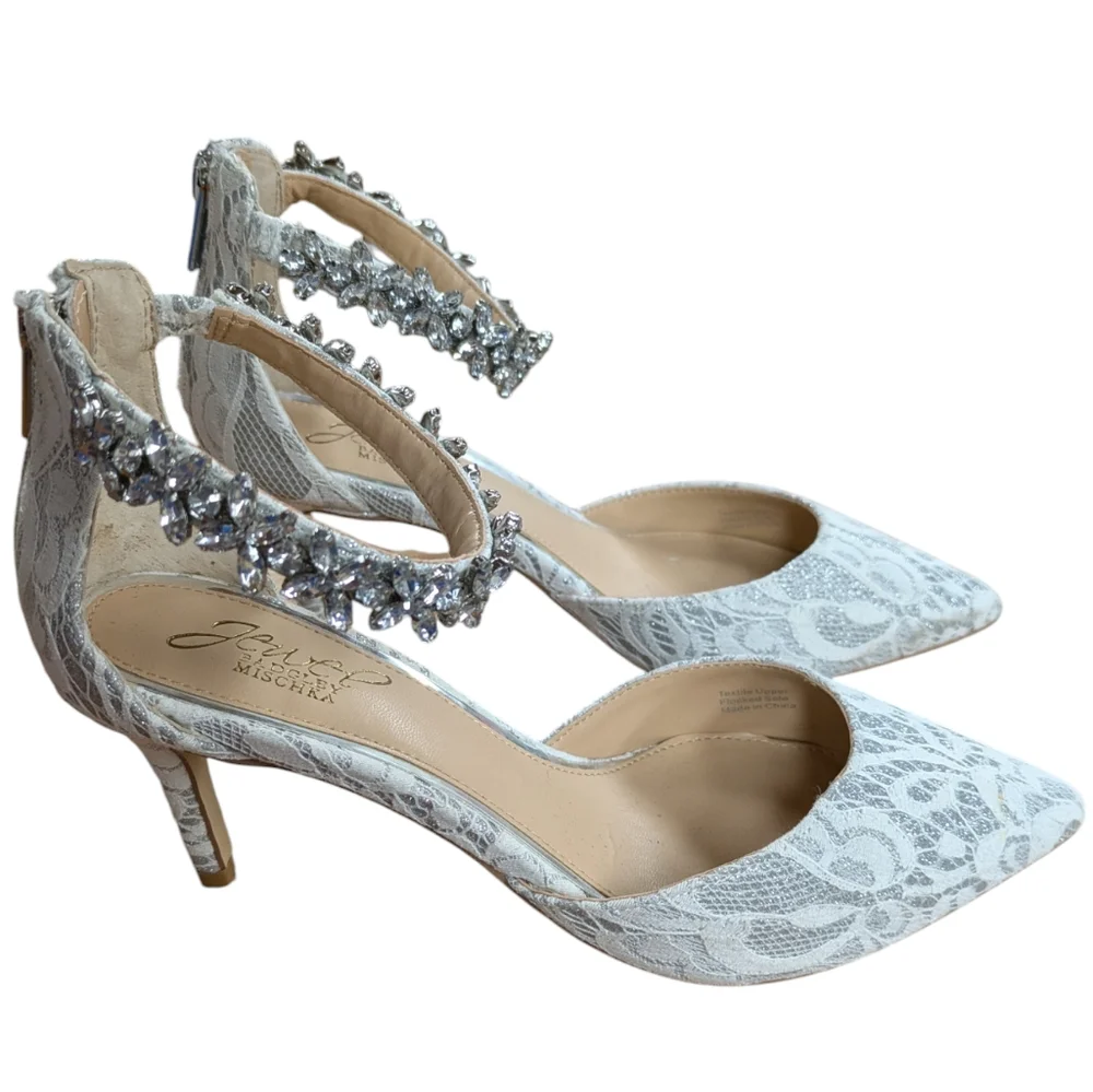 Jewel Badgley Mischka Lace d'Orsay Heels with Crystal Ankle Strap Size 6 Wedding - Picture 2 of 14